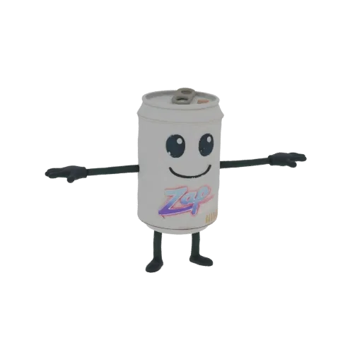 Modelo 3D de personaje Lata de Refresco Zap con cara amigable y brazos extendidos.