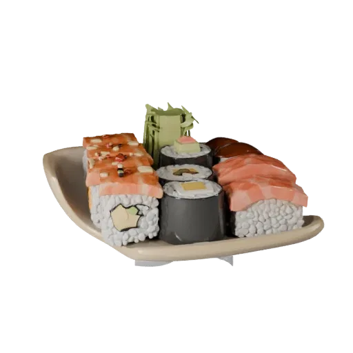 Restaurant Sushi Set High Poly 3D model, close-up studio render, showing sauces, plated composition.