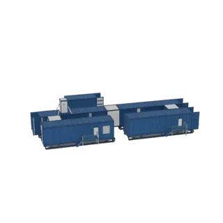 3D model of a modular complex made of interconnected blue shipping containers, viewed from a slightly elevated angle.