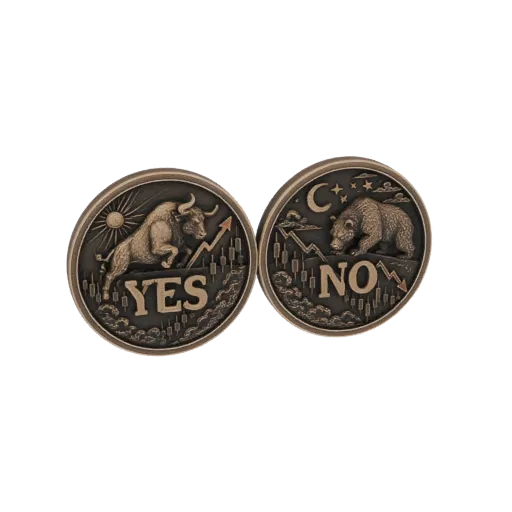 3D model of two antique-style coins, one with a bull and 'YES', the other with a bear and 'NO', symbolizing market trends.