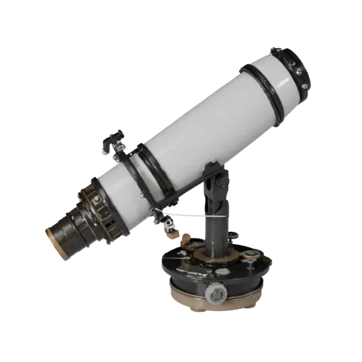 Classroom Observatory Mount 3D model, three-quarter front view, Unity viewport, showing metal tubes, optical alignment.