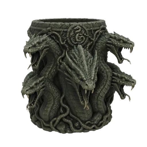 3D model of a dark grey, stone-textured pen holder featuring multiple menacing Hydra heads with open mouths and sharp fangs.