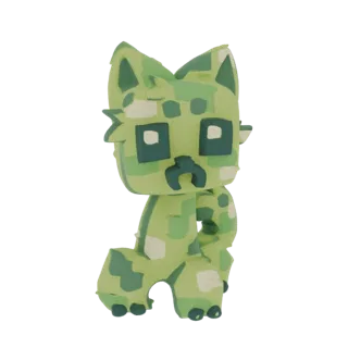 A 3D render of a Creeper Cat figurine, a hybrid of a cat and a Minecraft Creeper, with green pixelated skin and square eyes.