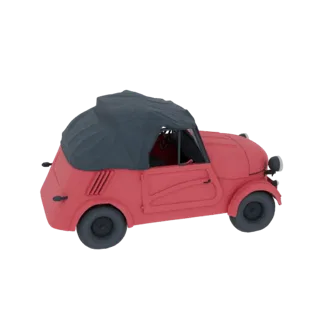 3D model of a vintage red convertible car with a dark grey fabric top, viewed from a three-quarter angle.