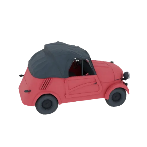 3D model of a vintage red convertible car with a dark grey fabric top, viewed from a three-quarter angle.
