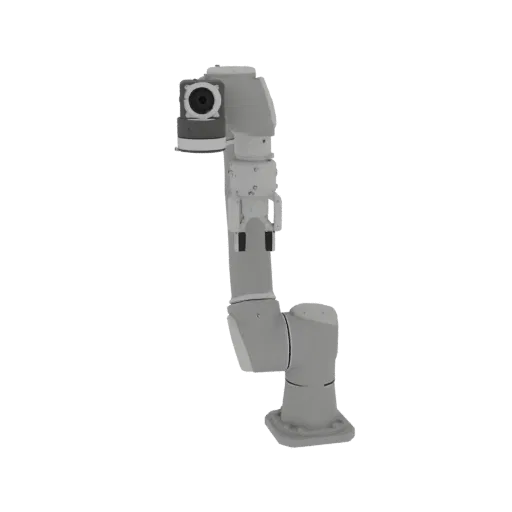 3D model of a gray robotic arm with a camera mounted on its end effector, against a black background.