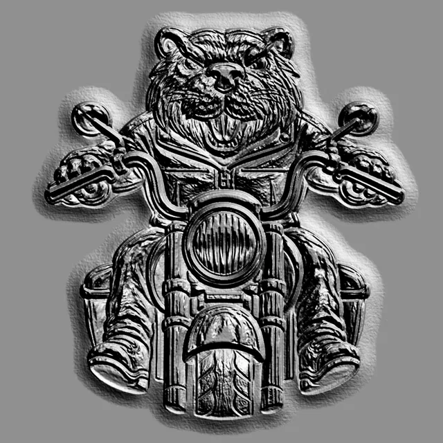 3D model of a tiger biker bas-relief in engraving style, with expressive texture and detail.