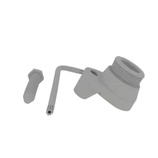 3D render of a grey L-shaped hex wrench, a bolt, and a threaded adapter against a white background.