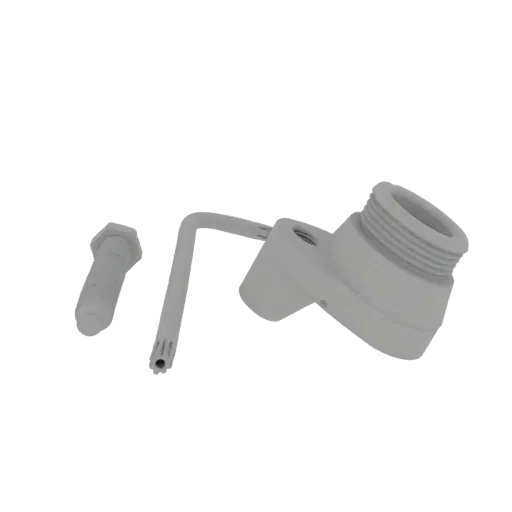 Render 3D de una llave hexagonal gris en forma de L, un perno y un adaptador roscado sobre un fondo blanco.