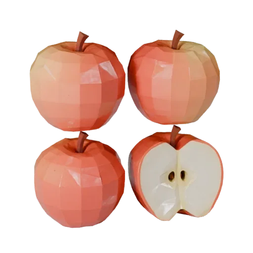 Market Apple Low Poly 3D model, game viewport three-quarter view, showing skin pores, recognizable fruit forms.