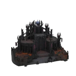 Modelo 3D de una ciudadela oscura y gótica con agujas afiladas y una base de lava brillante, sobre un fondo blanco.