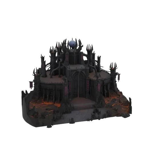 Modello 3D di una cittadella oscura e gotica con guglie affilate e una base di lava luminosa, su sfondo bianco.