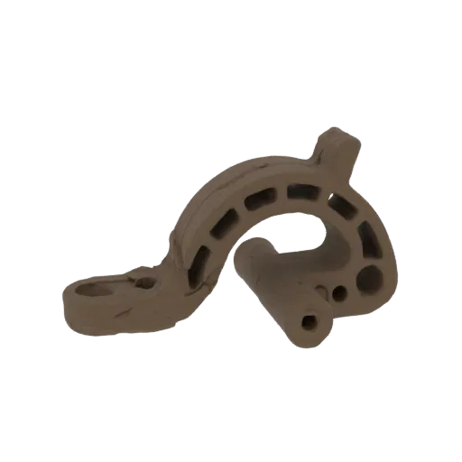3D model of a curved bracket with a cylindrical mount, showcasing industrial design and mechanical functionality.