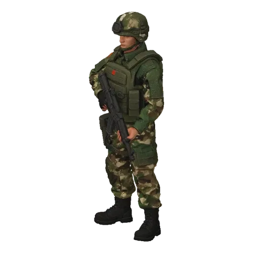 3D model of Russian Federation soldier in camouflage, holding assault rifle, wearing body armor and helmet