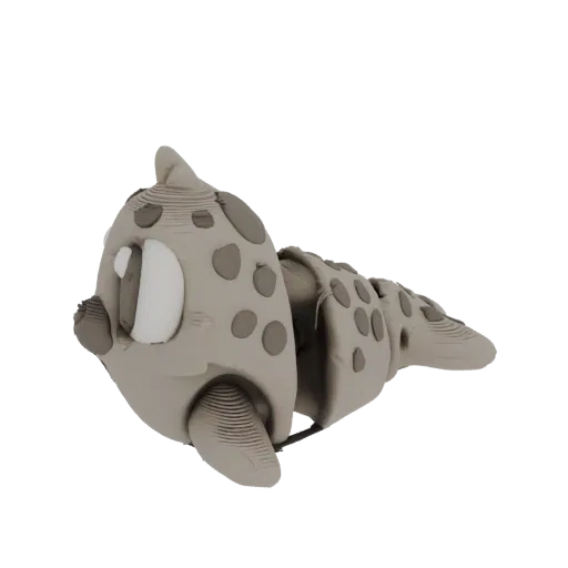 3D-Render eines stilisierten gefleckten Meereswesens mit segmentiertem Körper und großen Augen, präsentiert auf weißem Hinter