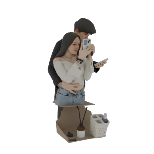 Modèle 3D d'un couple prenant un selfie, la femme tenant un téléphone et l'homme l'enlaçant, présenté sur une petite base de