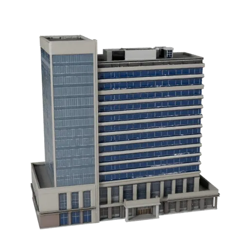 Blocco ufficio modello 3D stilizzato, vista isometrica stilizzata dell'ambiente di gioco, che mostra materiali di edifici com