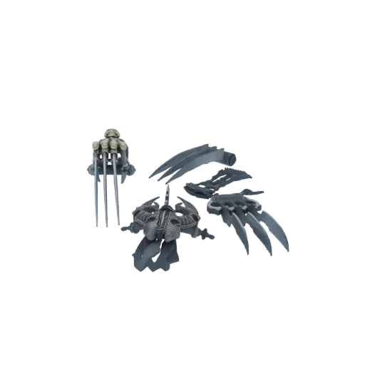3D model of a gothic claw gauntlet with sharp claws and decorative skulls, set against a black background.