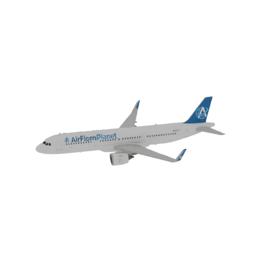 3D model of a white AirFlomPlanet passenger jet with blue accents, shown in flight against a white background.