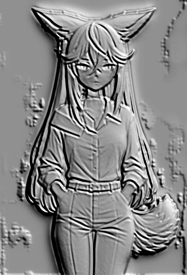Modèle 3D d'un bas-relief de fille d'anime avec des oreilles de renard, debout dans une pose décontractée.