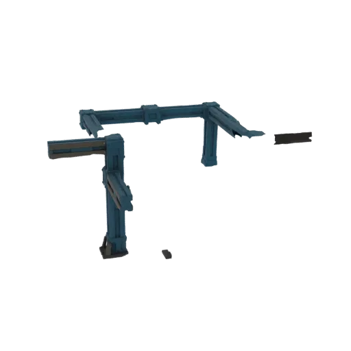 3D model of a blue industrial gantry crane structure with vertical supports and horizontal beams, set against a white backgro