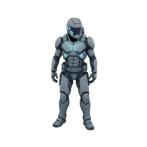 3D-Modell eines futuristischen Soldaten in grauer Rüstung mit leuchtenden blauen Akzenten, in neutraler Pose vor schwarzem Hi