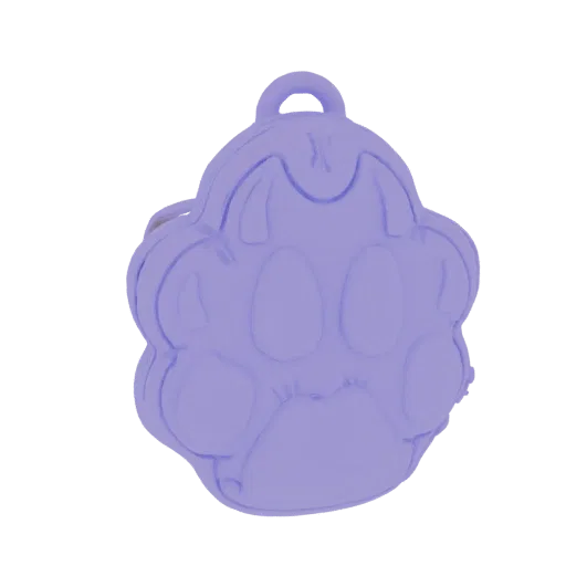 A 3D render of a purple paw print charm with a loop at the top, designed for keychains or accessories.