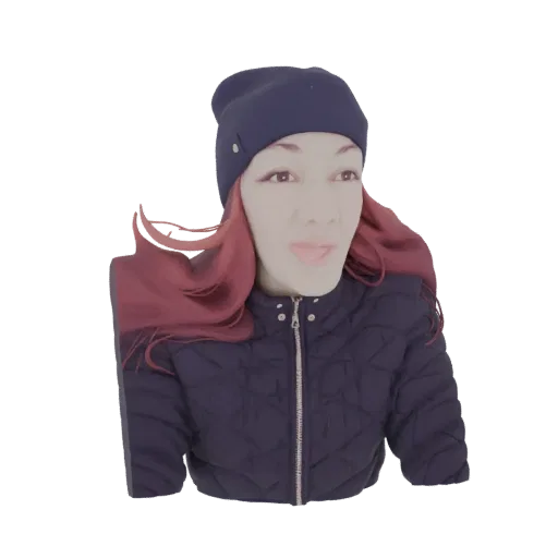 3D model of a woman wearing a navy puffer jacket and beanie, with red hair and a playful expression.