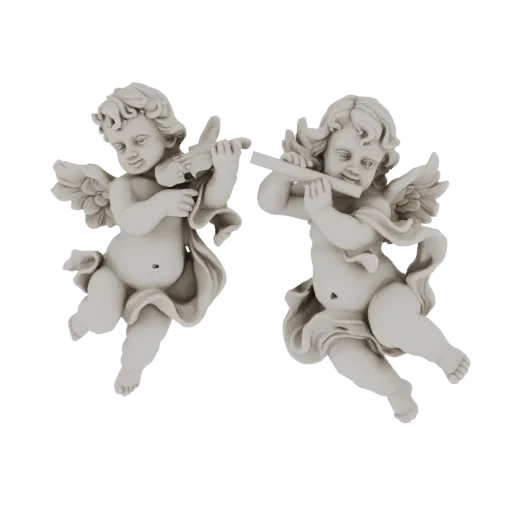 3D model of two cherubs, one playing a violin and the other a flute, with delicate wings and flowing drapery.