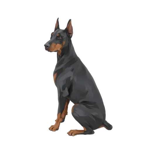Modelo 3D de un perro Doberman sentado atentamente, con pelaje negro y fuego y orejas alertas, sobre un fondo blanco.