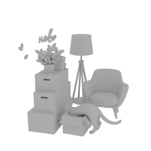 Rendu 3D d'un chat gris dormant dans une boîte en carton, avec des boîtes empilées, une plante et un lampadaire en arrière-pl