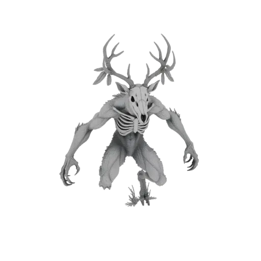 A 3D model of a Wendigo creature with a deer skull, exposed ribs, and sharp claws, in a dynamic leaping pose.