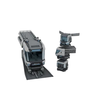 3D render of a futuristic modular transport vehicle and a vertical stacking unit, both in grey and white with blue accents.