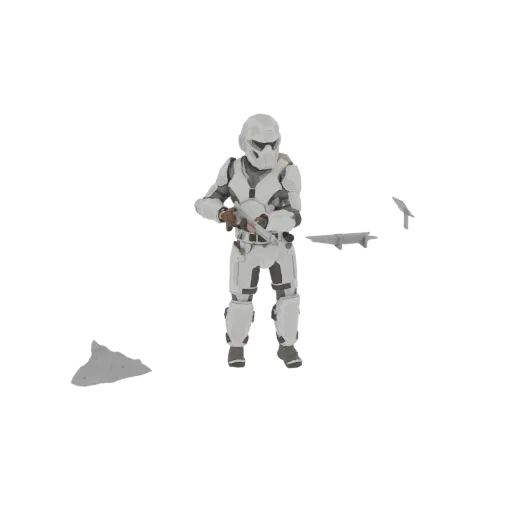 Modèle 3D d'un soldat de science-fiction en armure blanche tenant un fusil, debout sur un terrain rocheux.