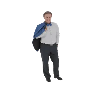 3D-Modell eines lächelnden Mannes im Smoking, der eine blaue Paillettenjacke über der Schulter trägt, vor weißem Hintergrund.