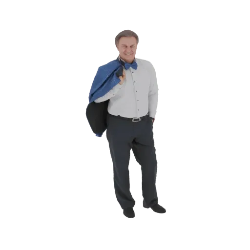 Modello 3D di un uomo sorridente in smoking, che tiene una giacca di paillettes blu sulla spalla, su sfondo bianco.