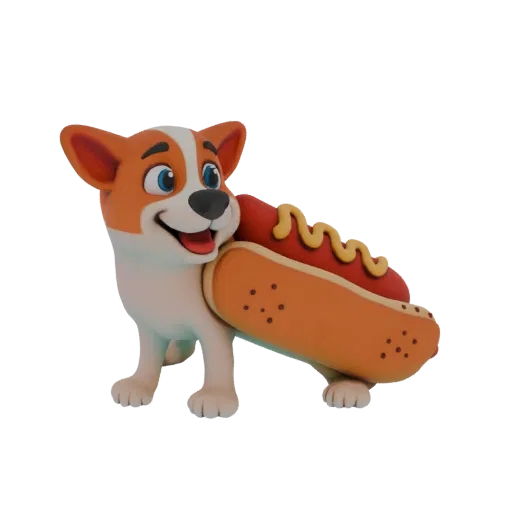 Un rendu 3D d'un Corgi mignon de style cartoon avec une expression joyeuse, serrant de manière ludique un hot-dog avec de la