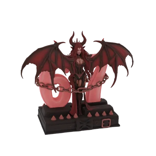 3D model of a demonic queen with red hair, large dark wings, and a chain across her chest, standing on a spiked base.