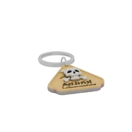 3D model of a keychain shaped like a yellow triangle with skull, bones, lightning, and "Achtung! Lebensgefahr" inscription