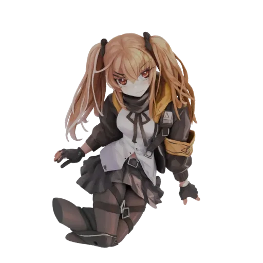 3D model render of an anime girl with blonde twin tails, wearing a yellow hoodie, dark jacket, and skirt, in a dynamic pose.