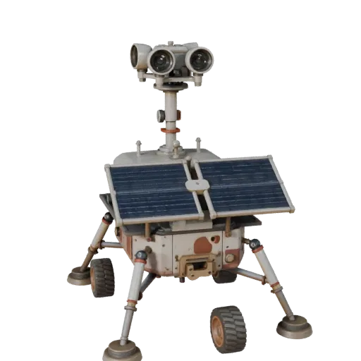 Prospector Lunar Lander Stylized 3D model, stylized isometric render, showing dusty wheels, vehicle stance.