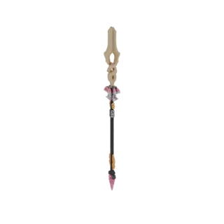 Modelo 3D de un báculo de fantasía ornamentado con asta beige, grabados en espiral y acentos de gemas rosas y blancas, sobre
