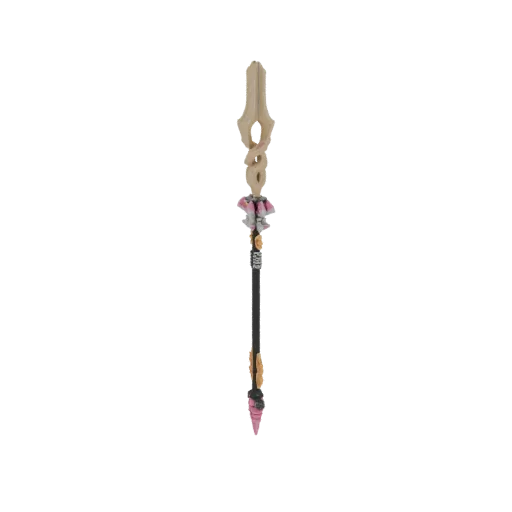 Modelo 3D de un báculo de fantasía ornamentado con asta beige, grabados en espiral y acentos de gemas rosas y blancas, sobre