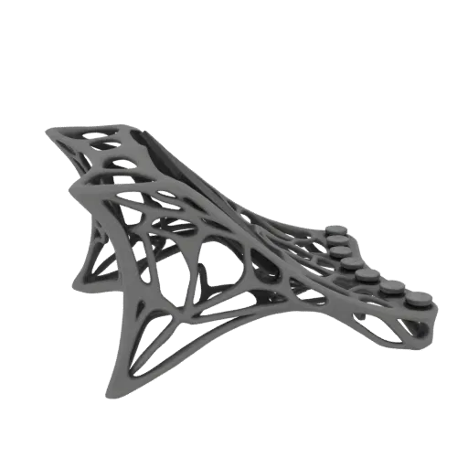3D model of a futuristic lounge chair with an intricate, organic lattice structure, rendered in a matte gray finish.