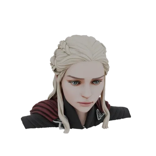 3D model bust of Daenerys Targaryen with blonde braided hair and a dark cloak, looking downwards with a serious expression.