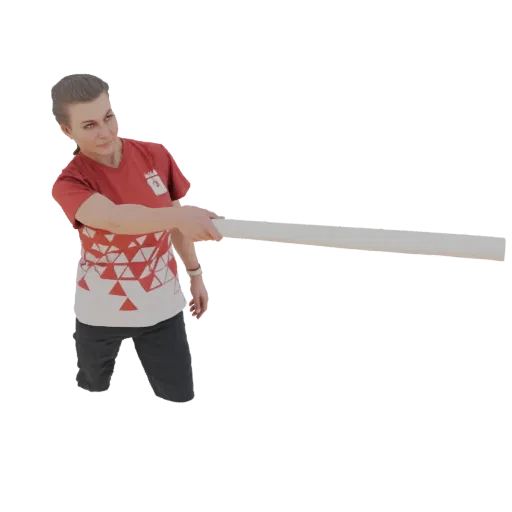 3D model of a woman with short hair, wearing a red t-shirt, pulling a white rope with determination.