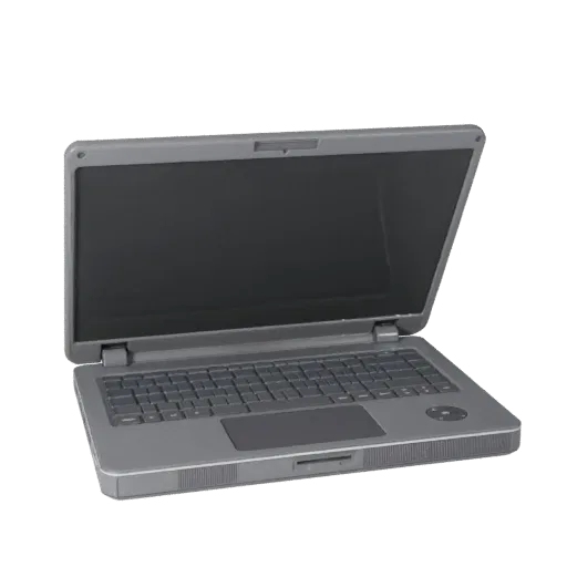Gaming Portable Workstation 3D model, three-quarter front view, Unity viewport, showing brushed metal, open lid angle.