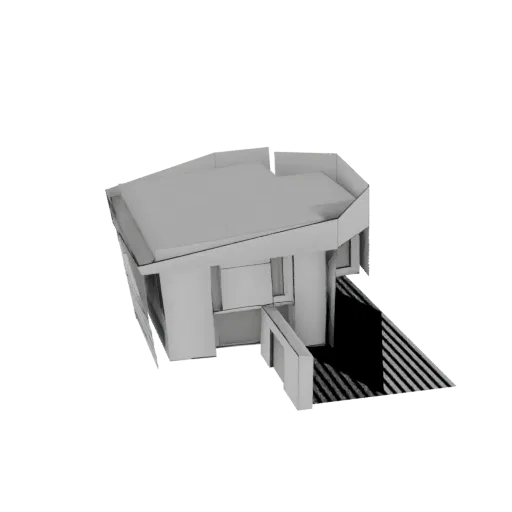 Modelo 3D de casa geométrica moderna com ângulos agudos, telhado plano e design minimalista, sobre um fundo branco.