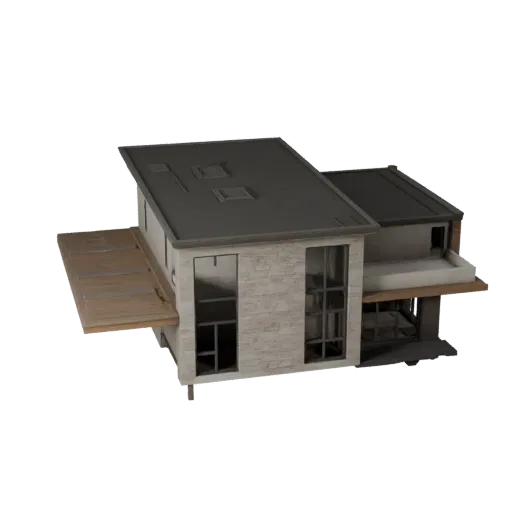 Modèle 3D de maison moderne prêt pour Unity, vue du moteur Unity, montrant les matériaux de bâtiment résidentiel et les détai