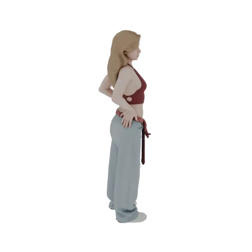 Side view of a 3D model of a woman with blonde hair, wearing a maroon crop top and light blue loose pants.